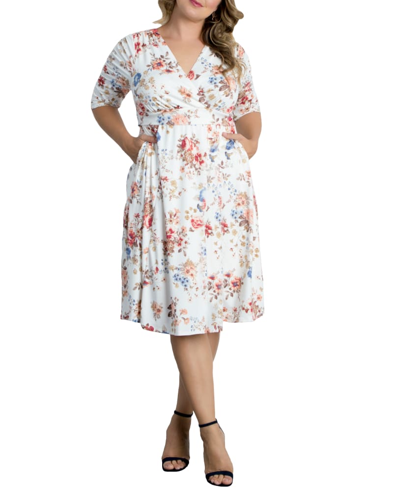Front of a model wearing a size 0X Gabriella Dress in IVORY FLORAL PRINT by Kiyonna. | dia_product_style_image_id:279166